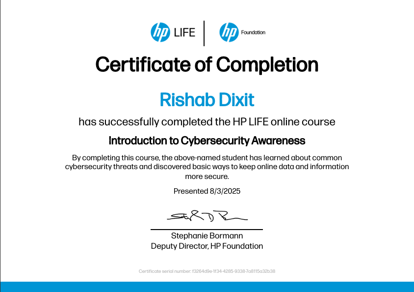 Cybersecurity Certificate - Hewlett Packard